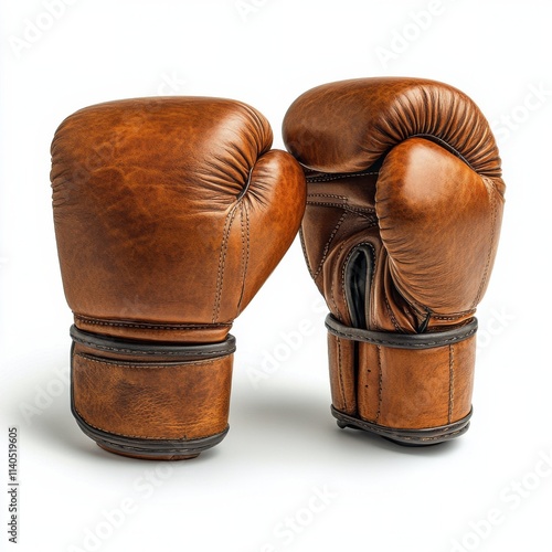 Classic brown leather boxing gloves positioned together on a white background
