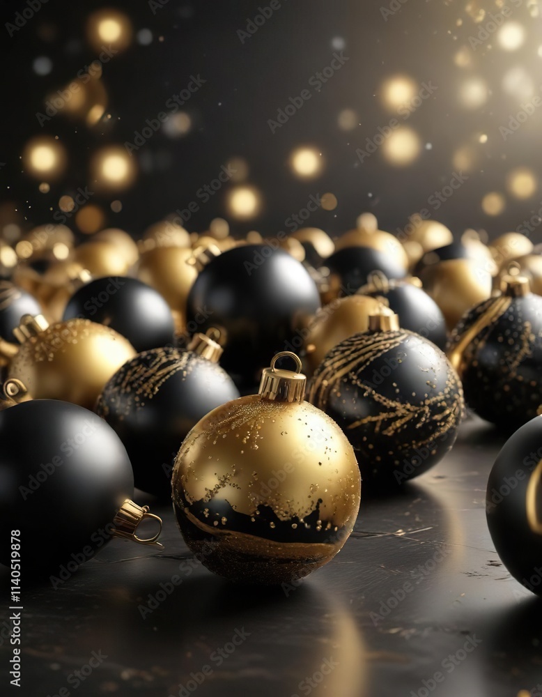 Glittering festive background with scattered black and gold Christmas baubles, forest, festive, christmas Glittering festive background with scattered black and gold Christmas baubles, forest, festive, christmas