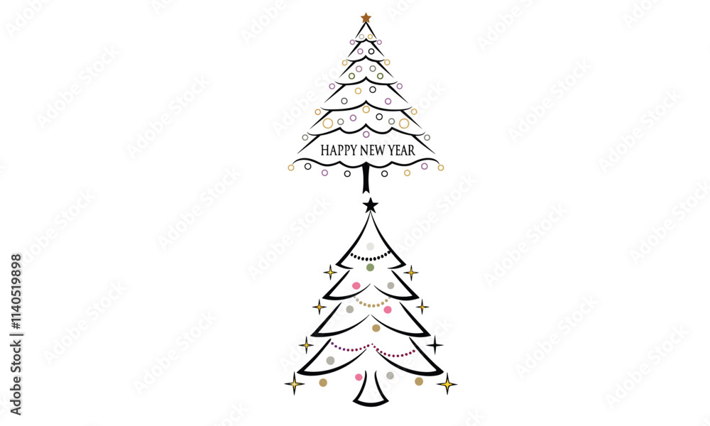 A festive Happy New Year tree adorned with shimmering ornaments, twinkling lights, and celebratory decorations. A festive Happy New Year tree adorned with shimmering ornaments, twinkling lights, and celebratory decorations.