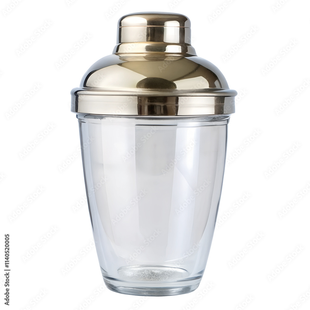 Cocktail shaker - A transparent glass shaker with a metal lid, used for mixing cocktails. Floating in mid-air against a transparent backdrop, without casting shadows. Cocktail shaker - A transparent glass shaker with a metal lid, used for mixing cocktails. Floating in mid-air against a transparent backdrop, without casting shadows.