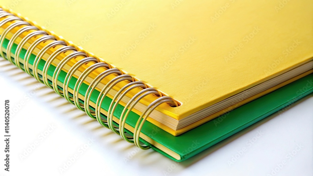 Spiral bound notebook with yellow and green blank pages from a low angle view Spiral bound notebook with yellow and green blank pages from a low angle view