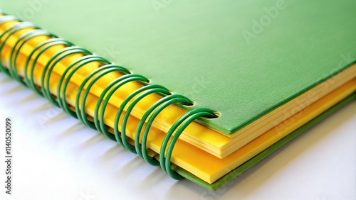 Spiral bound notebook with yellow and green blank pages from low angle view photo