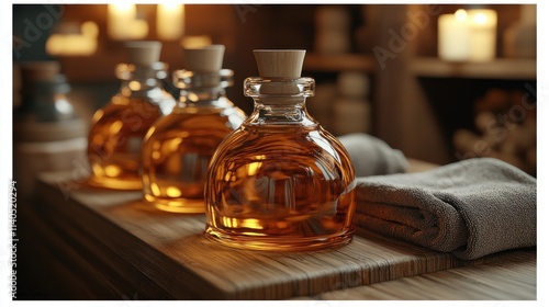 Wallpaper Mural Three amber glass bottles of essential oil on wooden tray with towel. Torontodigital.ca