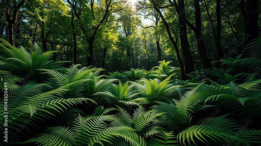 Sunlit Forest Floor with Lush Ferns and Towering Trees Sunlit Forest Floor with Lush Ferns and Towering Trees