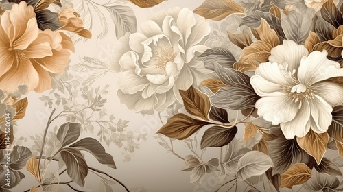 Elegant Beige and Brown Floral Wallpaper Design with Lush Flowers