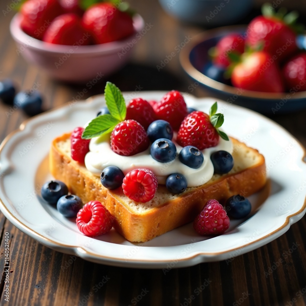 Toast with fresh berries and cream on a plate, berries, edible flowers Toast with fresh berries and cream on a plate, berries, edible flowers