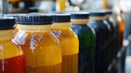 a row of jars of liquid sitting on a shelf