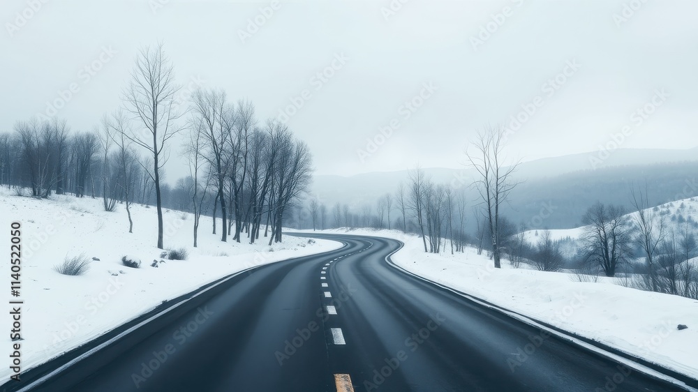 Obraz premium A winding asphalt road curves through a snow-covered landscape, bare trees lining the path under a muted winter sky.