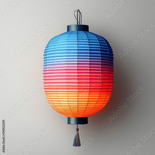 Colorful paper lantern hangs against a light background illuminating the decor