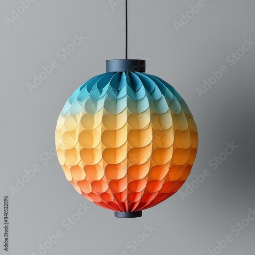Colorful paper lantern hangs against a light background illuminating the decor