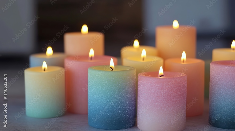 Lit colorful candles in serene setting Lit colorful candles in serene setting
