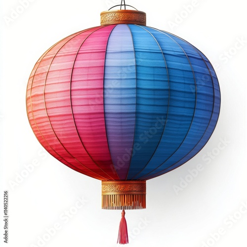 Colorful paper lantern hangs against a light background illuminating the decor