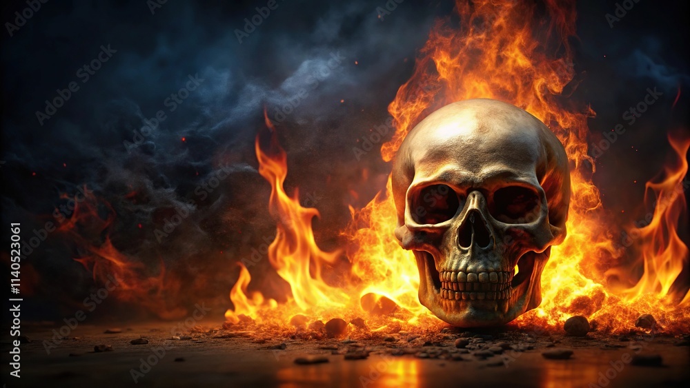 Spooky Halloween night with fiery skull embodying theme Spooky Halloween night with fiery skull embodying theme