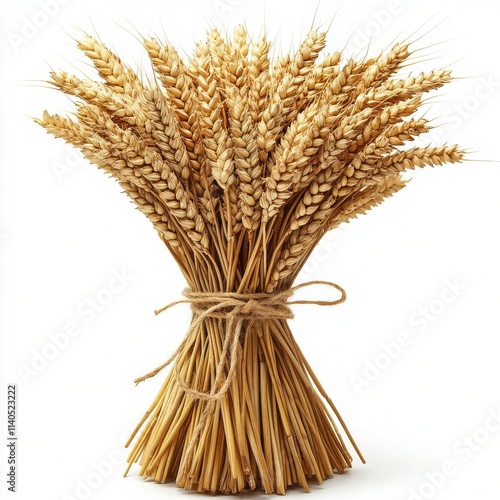 Rustic bundle of golden wheat stalks tied with twine displayed against a clea...