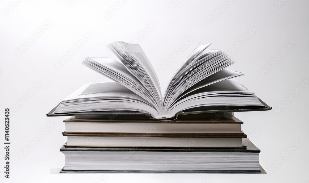 open book on white, pile of books open book on white, pile of books