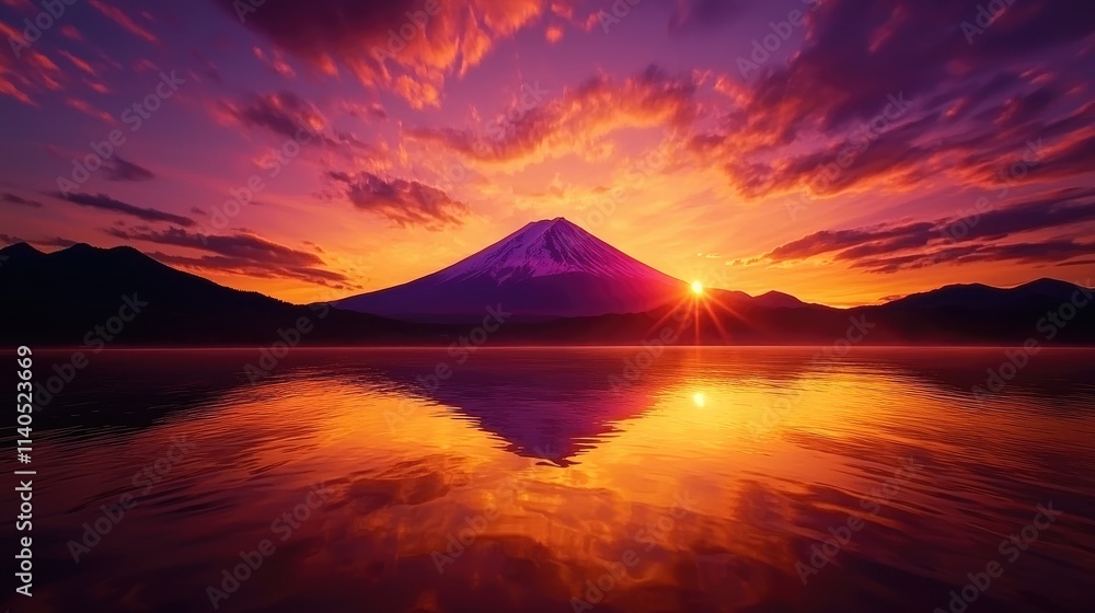 Sunset Reflection on Calm Water with Mount Fuji in Background Sunset Reflection on Calm Water with Mount Fuji in Background