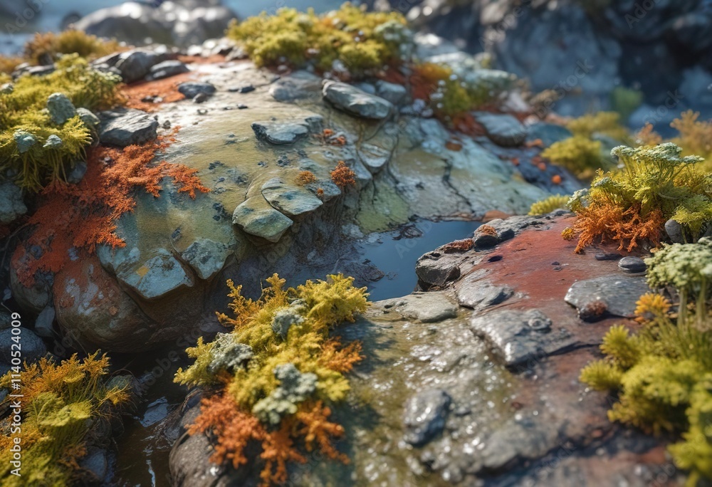 Lichen and algae formations on a wet rock surface, nature, fungi, lichens Lichen and algae formations on a wet rock surface, nature, fungi, lichens
