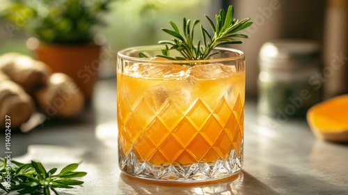 Refreshing cocktail with herbs garnished in a cozy bar setting during golden ...