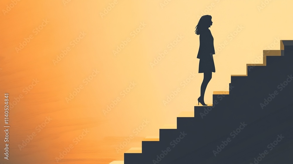 Silhouette of a Woman Climbing Stairs: Symbol of Success and Growth Silhouette of a Woman Climbing Stairs: Symbol of Success and Growth