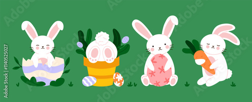 White Easter rabbits with eggs