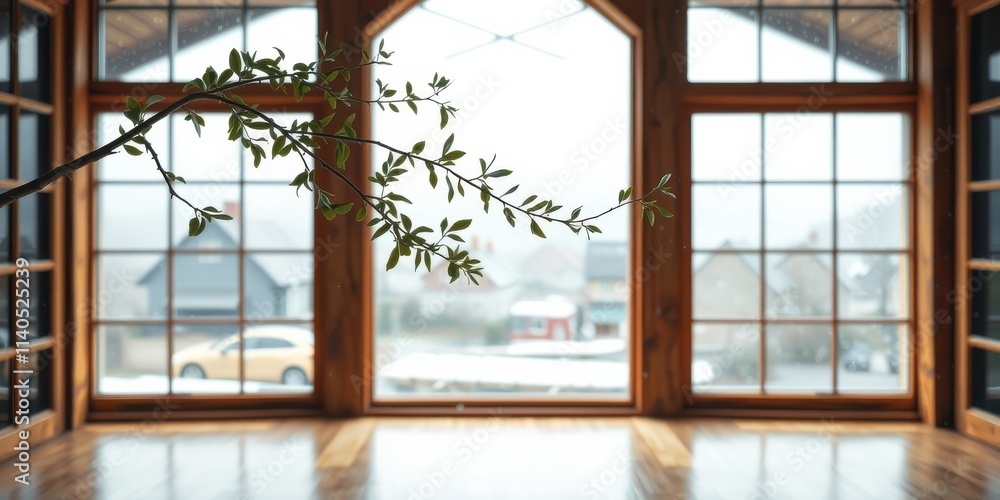 Serene indoor scene featuring a branch with fresh green leaves, set against a backdrop of large windows overlooking a quiet residential neighborhood. Serene indoor scene featuring a branch with fresh green leaves, set against a backdrop of large windows overlooking a quiet residential neighborhood.