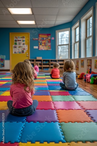 Children engaged in group activity in a colorful classroom environment