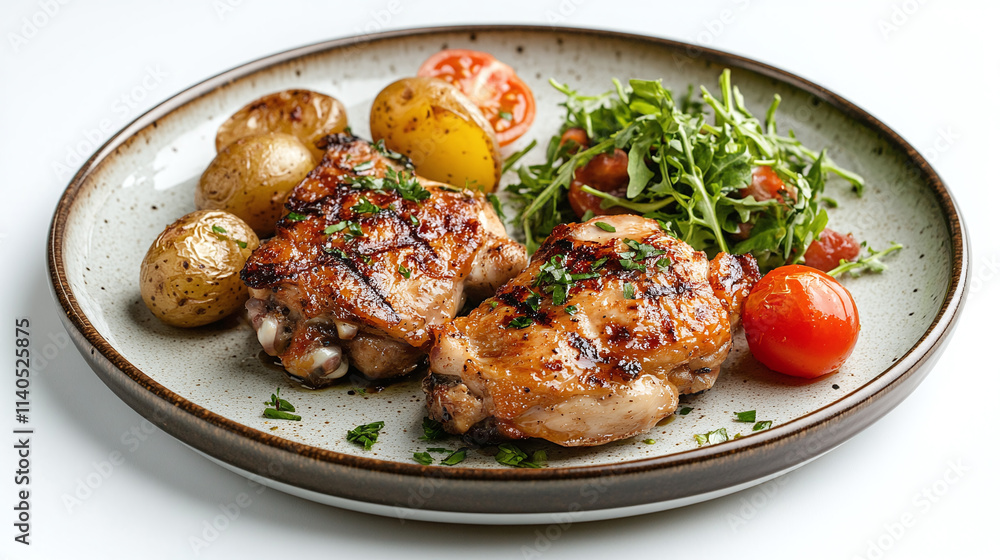 Grilled chicken meat, potatoes, tomato and green salad vegetables on a plate isolated on white background. restaurant lunch or dinner meal, delicious gourmet cuisine. Grilled chicken meat, potatoes, tomato and green salad vegetables on a plate isolated on white background. restaurant lunch or dinner meal, delicious gourmet cuisine.