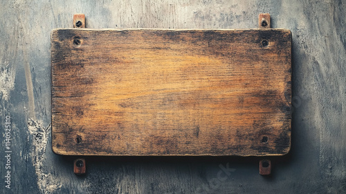 Empty wooden sign board isolated on a blank background, featuring a retro design that evokes vintage charm, perfect for cafes and restaurants seeking an old, rustic message display. photo