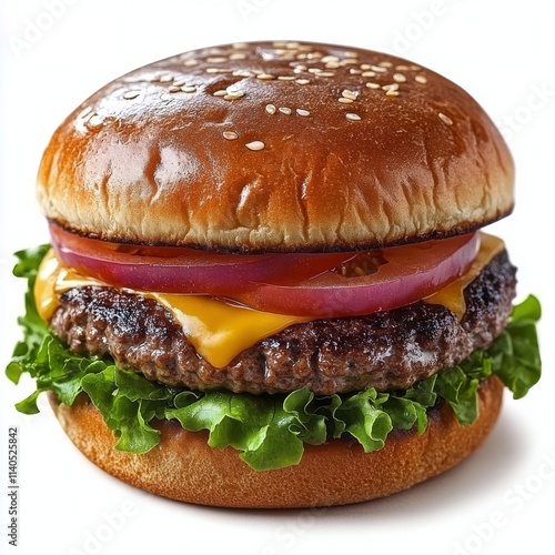 Delicious cheeseburger with fresh lettuce and tomato on a sesame seed bun