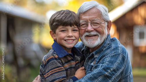 Grandfather hugging grandson isolated: happy grandparent and grandchild embracing, elderly man showing love to young boy, joyful family bonding across generations, senior, together.