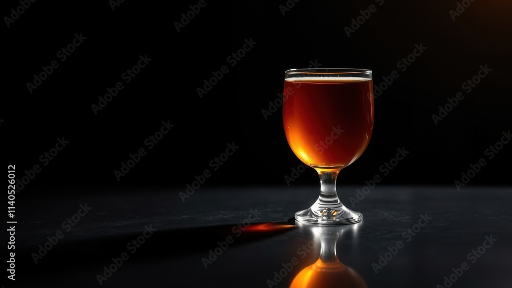 A single glass of amber liquid on a dark surface illuminated by a subtle light source A single glass of amber liquid on a dark surface illuminated by a subtle light source
