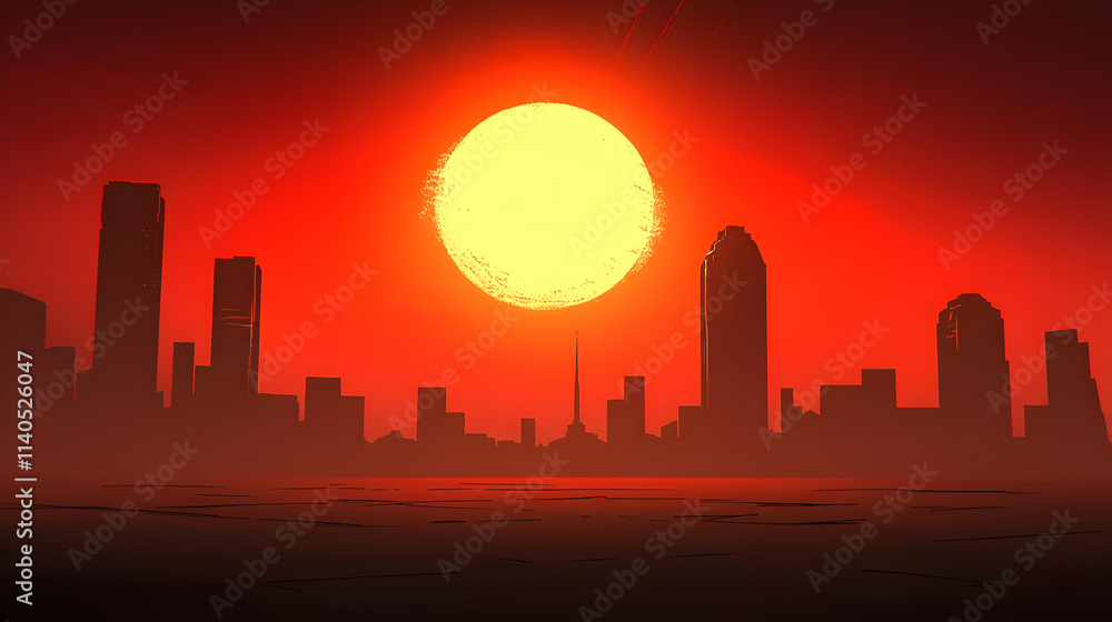 Obraz premium Red Sunset Cityscape Illustration