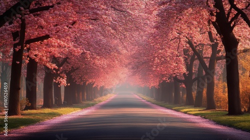 Cherry blossom trees line a tranquil road in a serene spring setting with sof...
