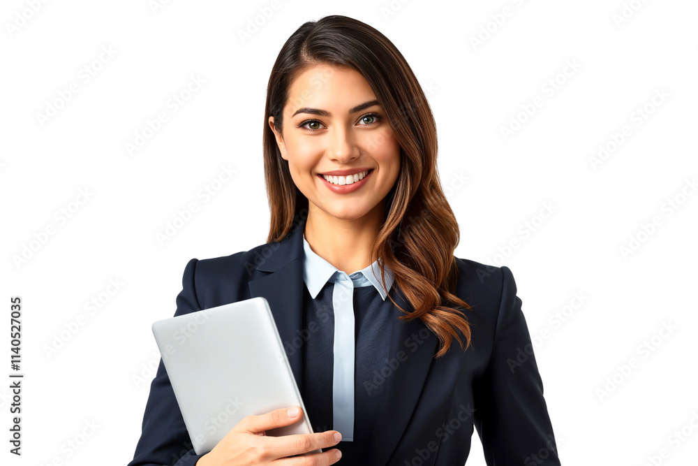 Portrait of a smiling businesswoman holding tablet, business concept, isolated on transparent background Portrait of a smiling businesswoman holding tablet, business concept, isolated on transparent background