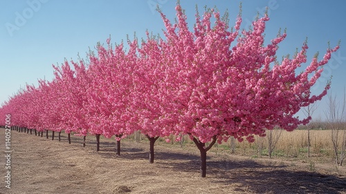 Cherry blossom trees line a tranquil road in a serene spring setting with sof...