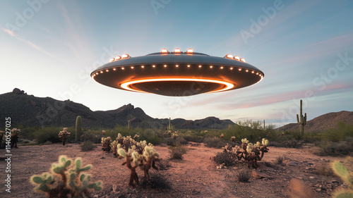 ufo hovering over the desert with circulating lights, science fiction and fantasy movie shot photo