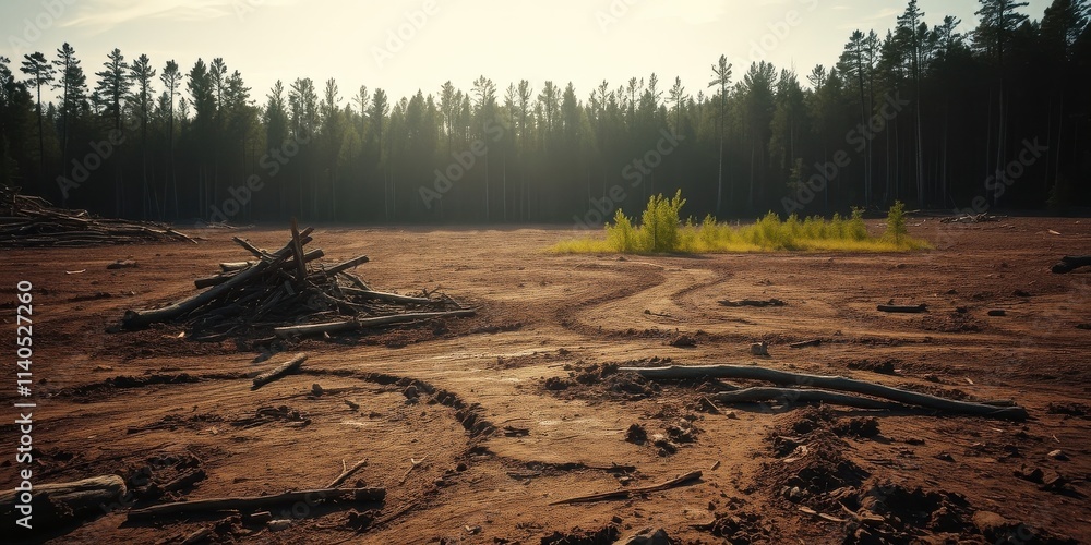 Fototapeta premium Cleared Forest Land Showing the Aftermath of Logging and Reforestation