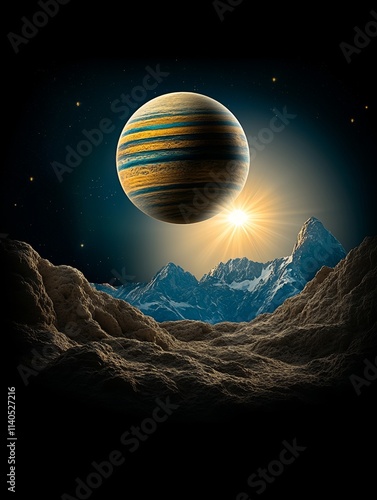 A surreal landscape featuring a massive striped planet in the sky, a glowing sun, rugged terrain, and majestic mountains under a starry night, evoking a sense of cosmic wonder.