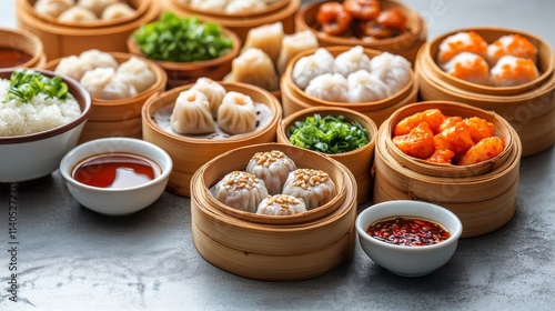Variety of dim sum in bamboo steamers served with sauces and dips