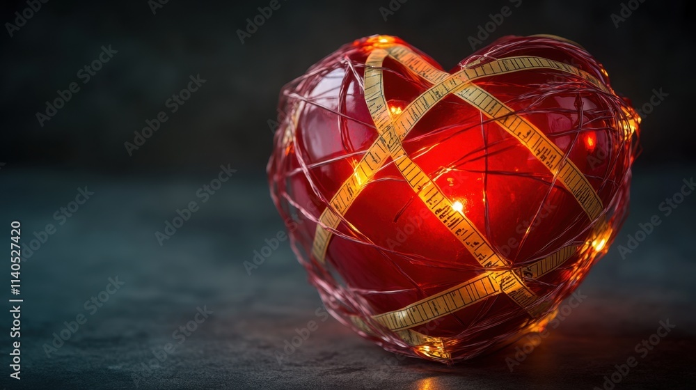A glowing red heart wrapped tightly in tape on a dark background, a metaphor for love bound by restrictions. A glowing red heart wrapped tightly in tape on a dark background, a metaphor for love bound by restrictions.