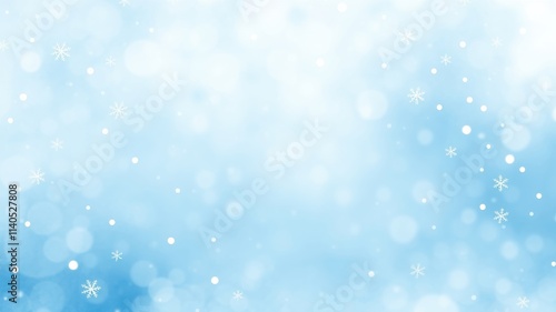 Light Blue Winter Background with Falling Snowflakes and Bokeh Effects