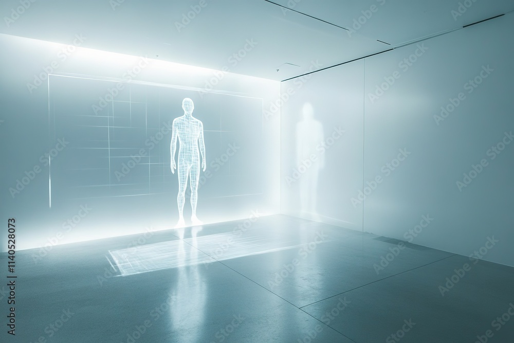 Holographic human figures in futuristic room setting Holographic human figures in futuristic room setting