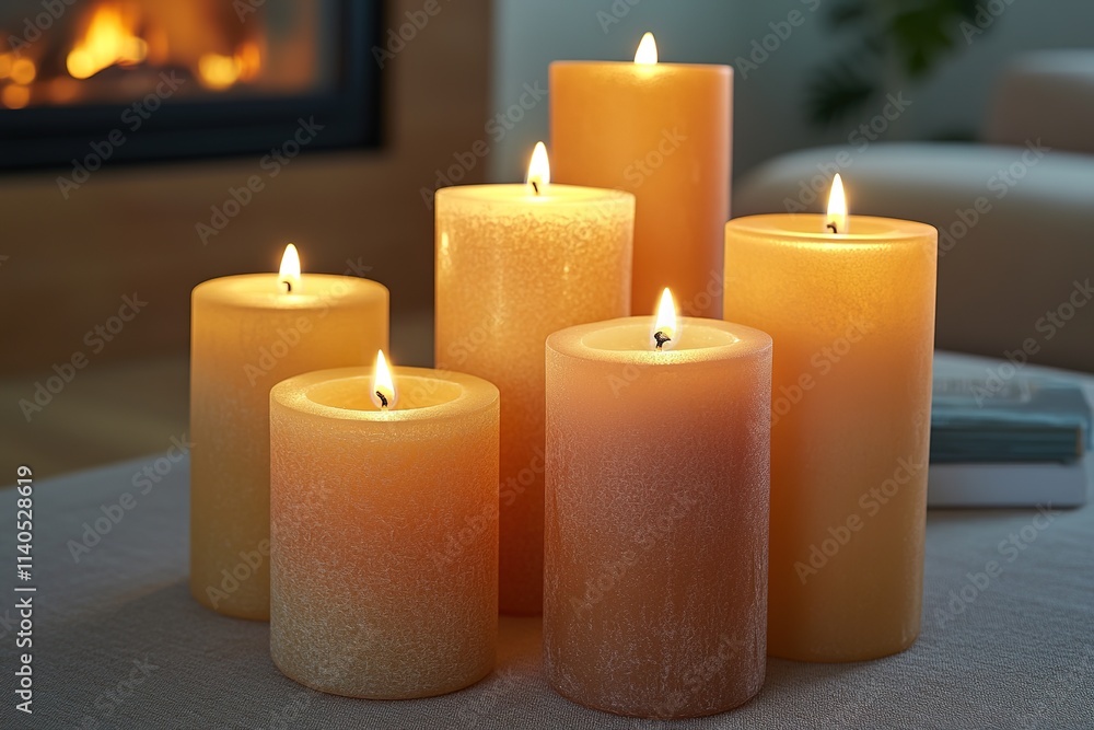 Lit candles with warm glow in cozy room setting Lit candles with warm glow in cozy room setting