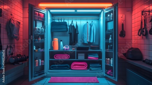 An open exercise locker reveals colorful gear: a yoga mat, protein shaker, headphones, and a folded tank top. The worn interior and bright lighting add realism, ideal for fitness ads or articles. photo