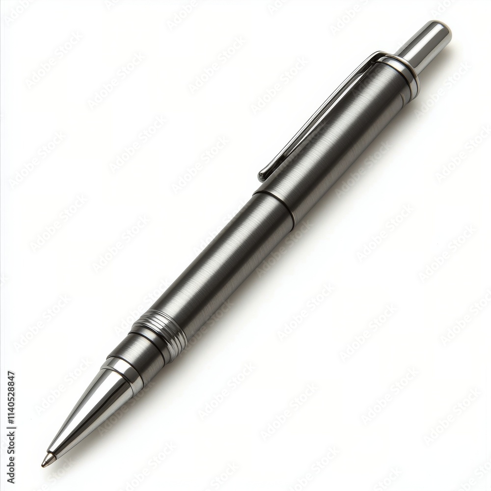 Sleek silver pen resting on a white background showcasing modern design and elegant craftsmanship Sleek silver pen resting on a white background showcasing modern design and elegant craftsmanship