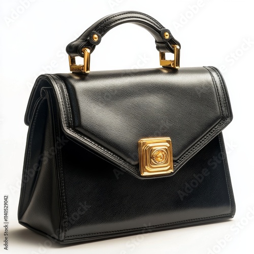 Sophisticated black handbag featuring gold circular clasp with elegant design...