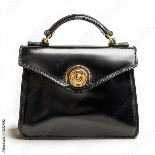 Sophisticated black handbag featuring gold circular clasp with elegant design...