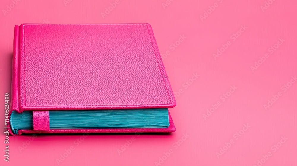 Vibrant Pink Notebook on Pink Background, Minimalist Style Vibrant Pink Notebook on Pink Background, Minimalist Style