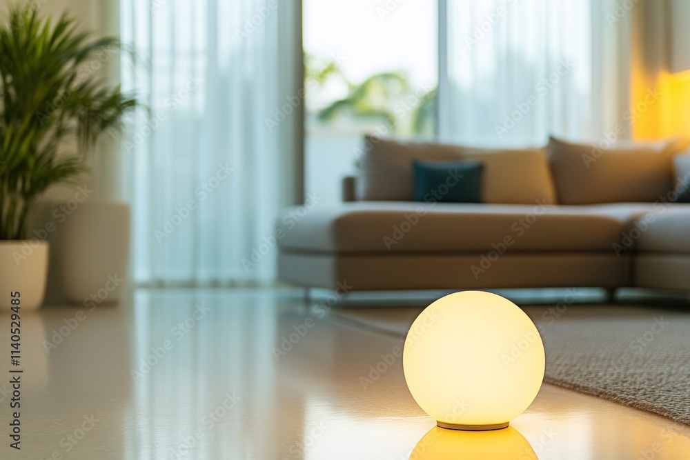 Glowing ball lamp on floor in modern living room Glowing ball lamp on floor in modern living room