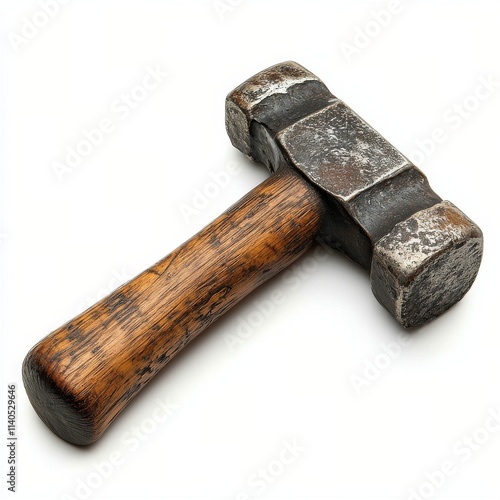 Solid steel hammer with a wooden handle resting on a neutral background
